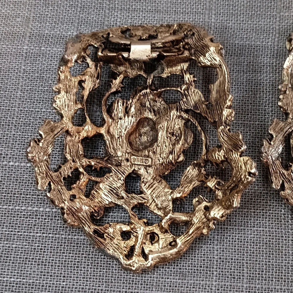 Vintage-Style Gold Floral Clip-On Earrings with Multi-Colored Rhinestones